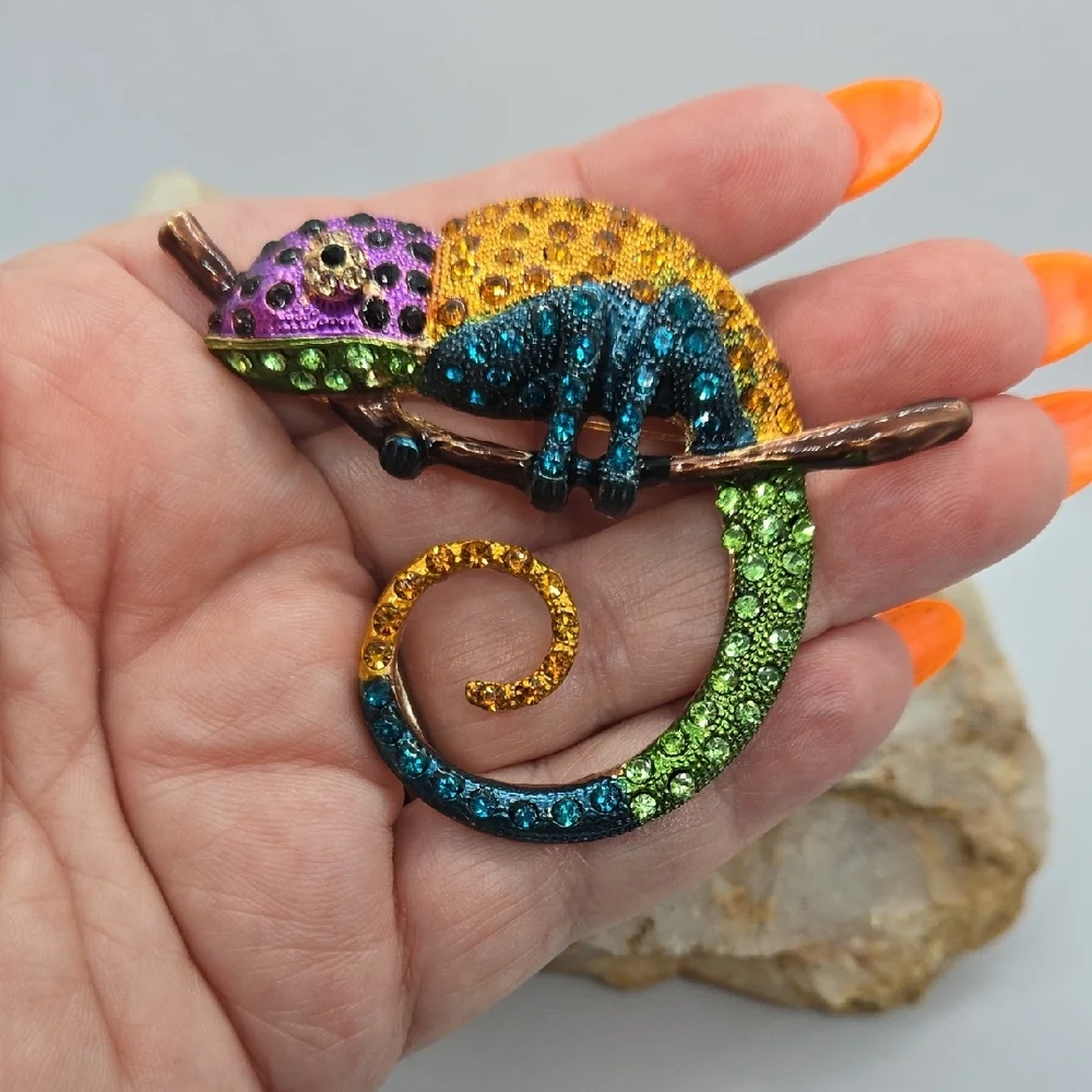 Colorful Chameleon Rhinestone Brooch Large Crystal Lizard Pin Statement Jewelry